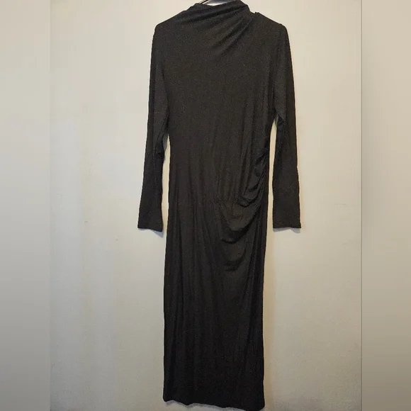 Vince Black Dress M Night Fern Knit Gathered Ruched Long Sleeve Midi $295 Medium - Picture 2 of 6